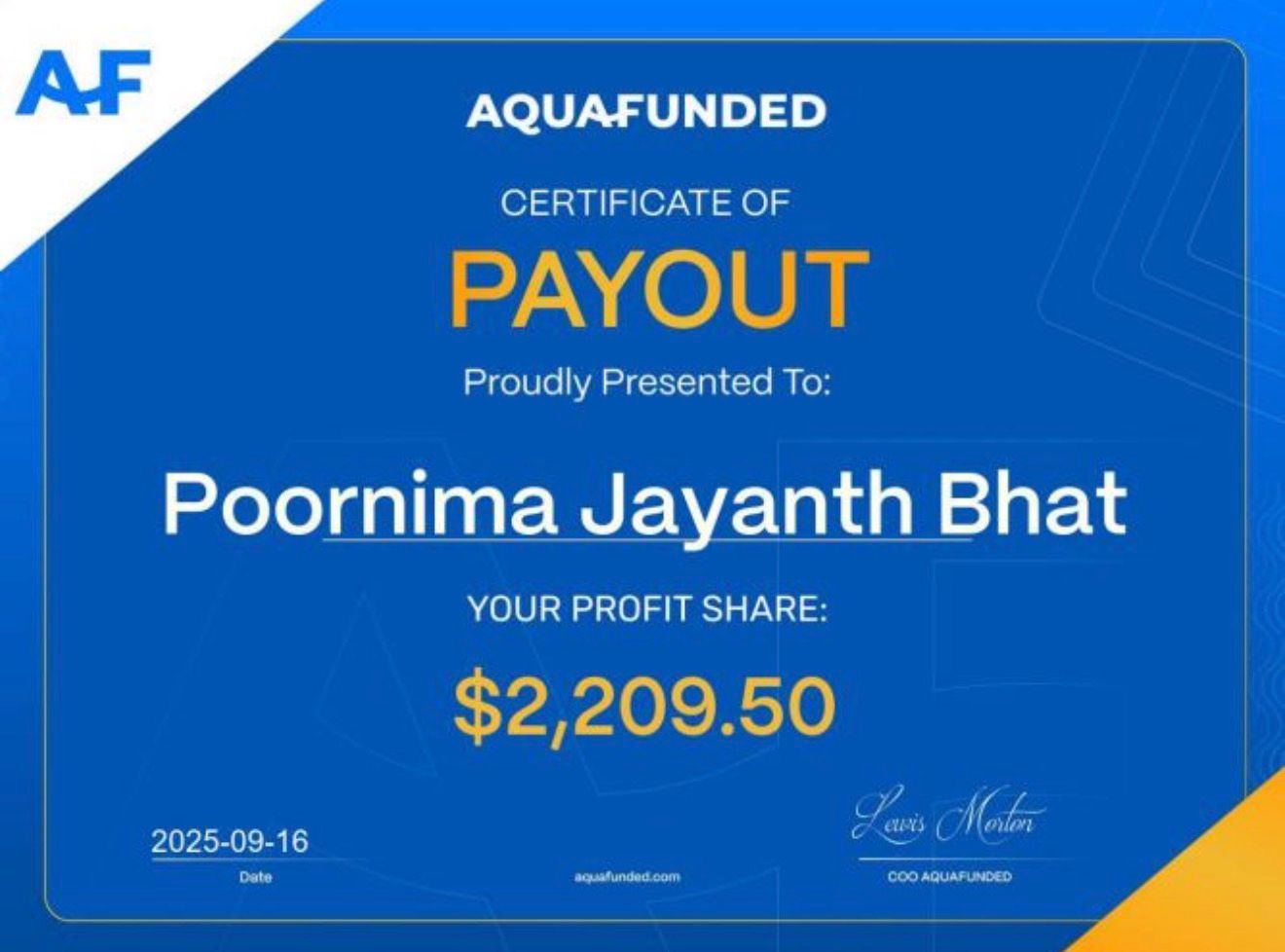 AquaFunded payout certificate