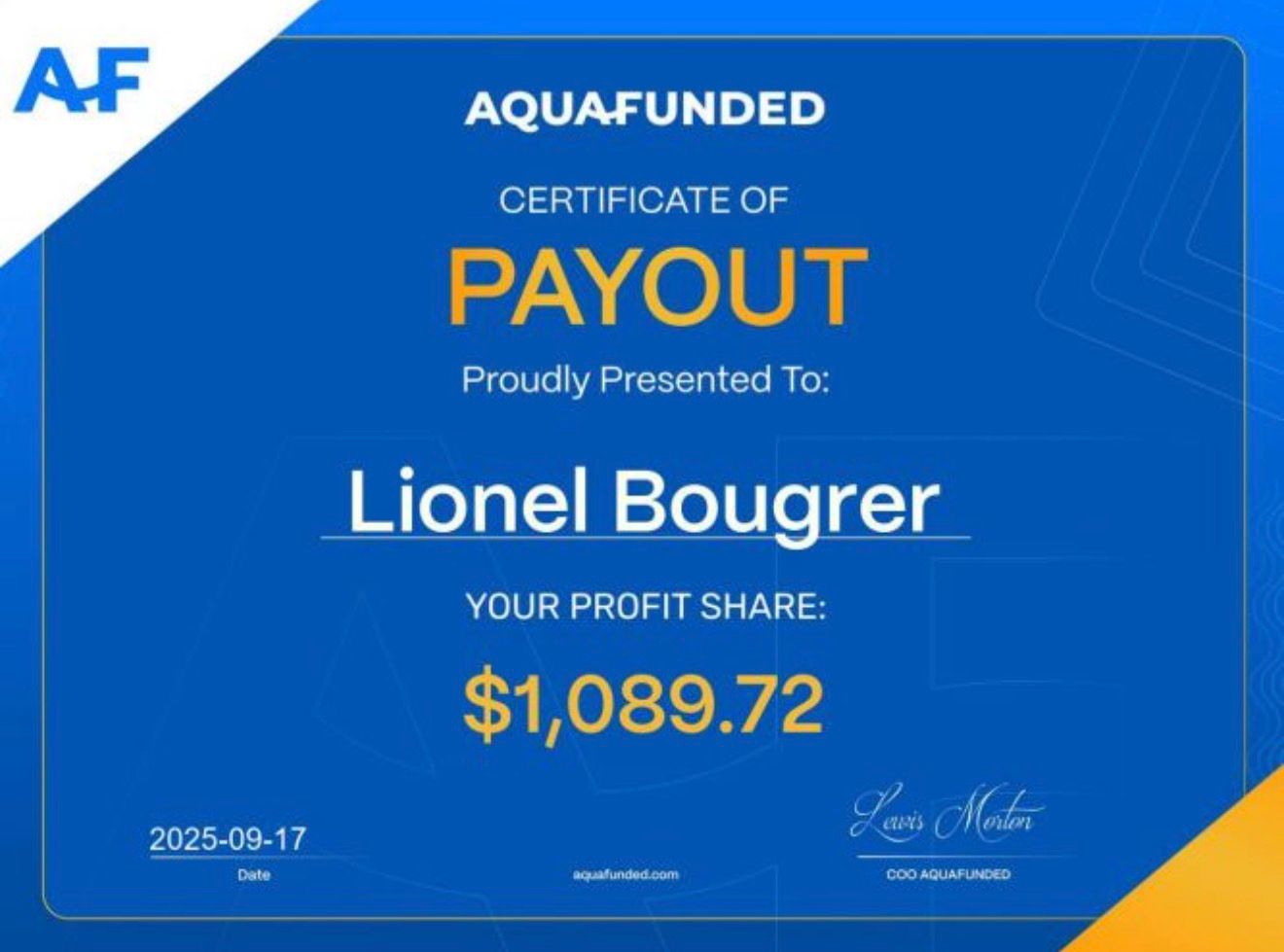 AquaFunded payout certificate