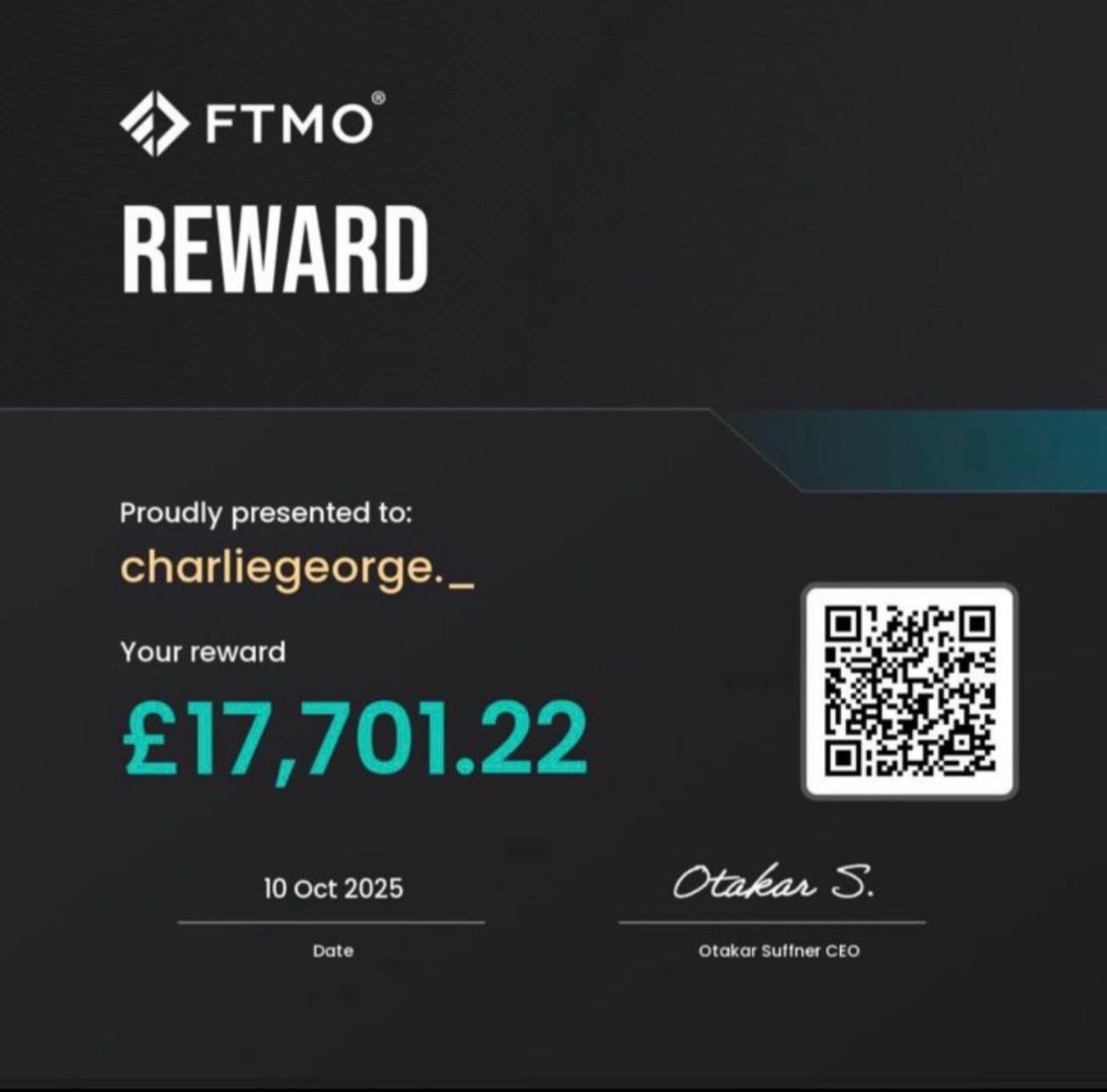 FTMO payout reward certificate