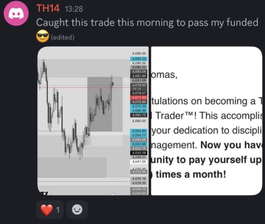Member trade screenshot — funded challenge pass